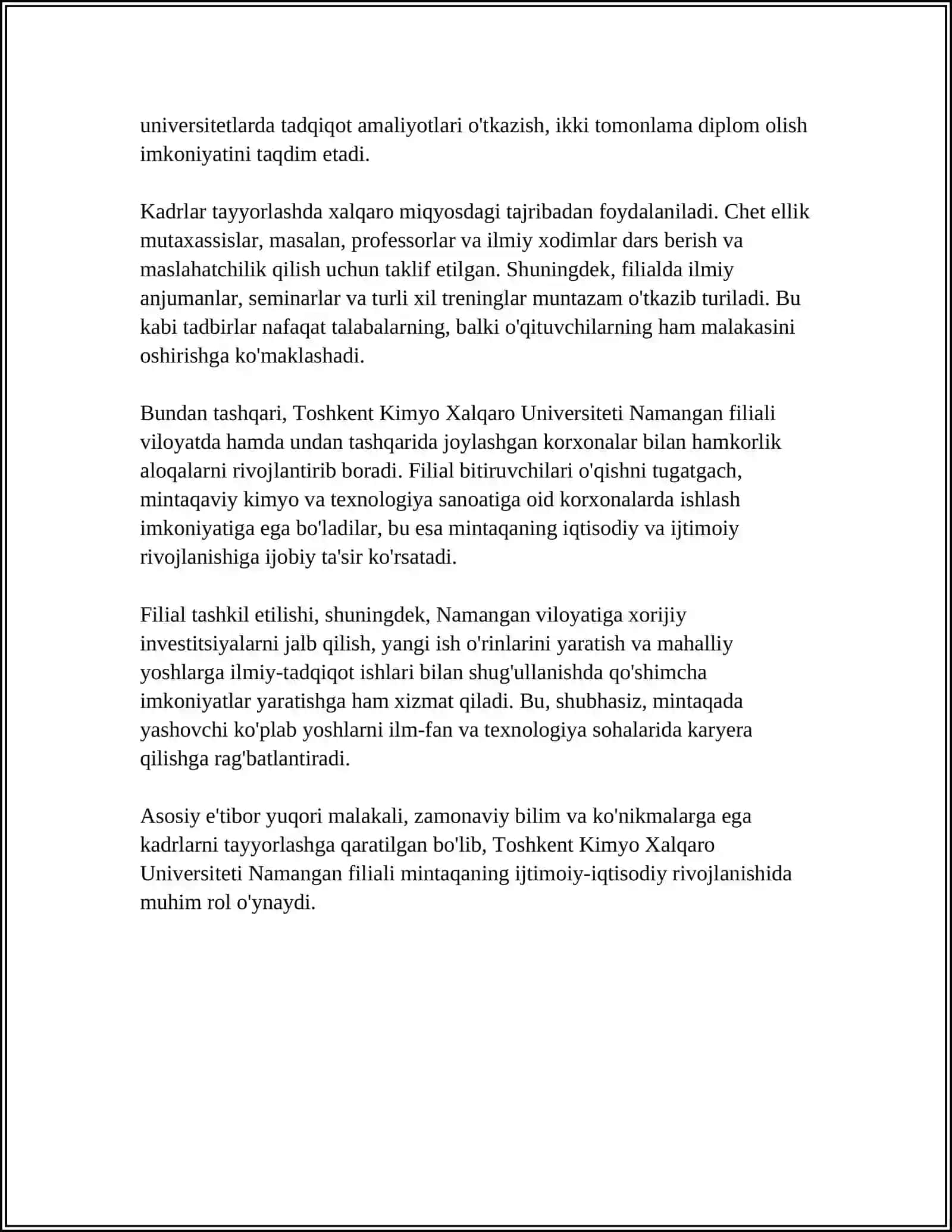 TOSHKENT KIMYO XALQARO UNVERSITEDI NAMANGAN FILYALI 4