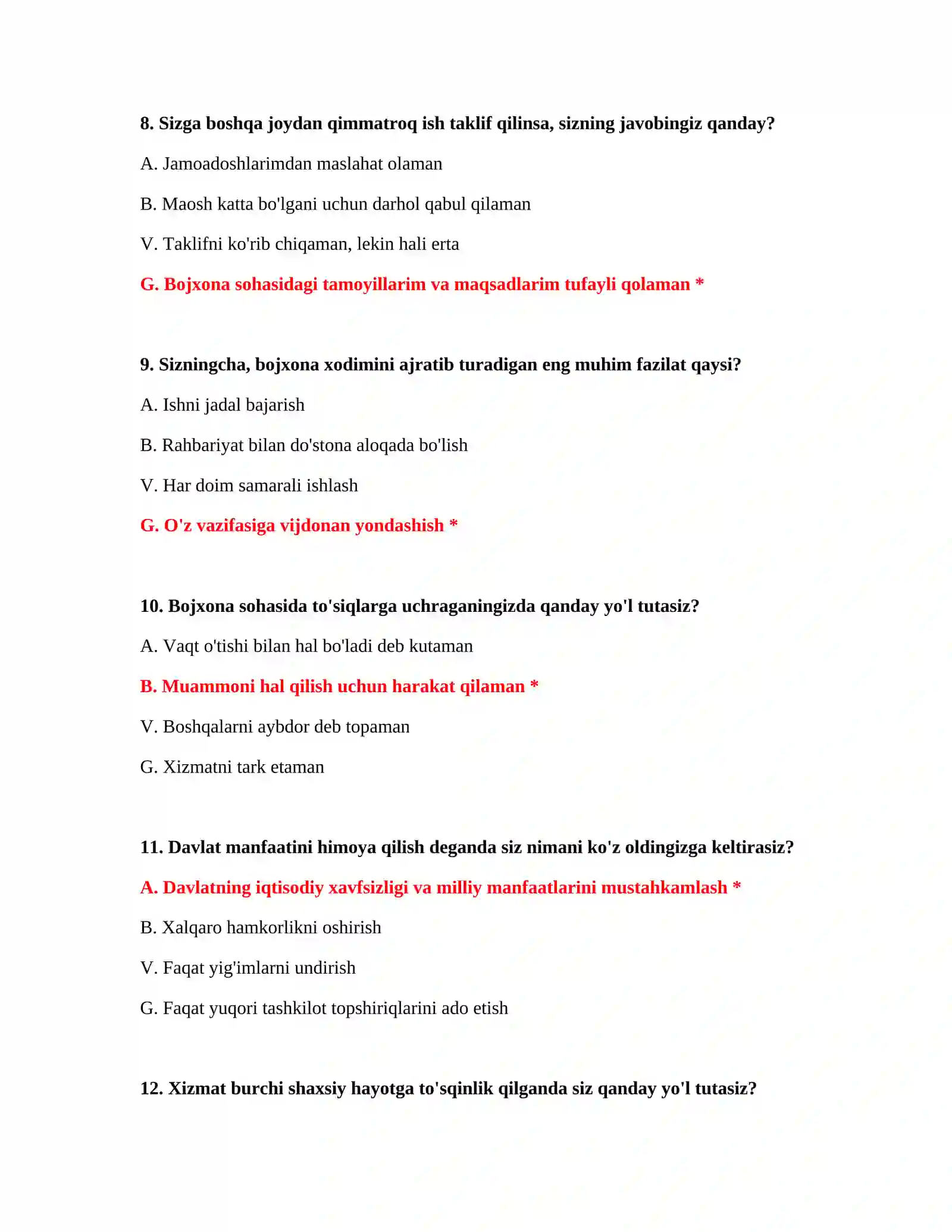Bojxona psixologik test savollari va javoblari PDF 4