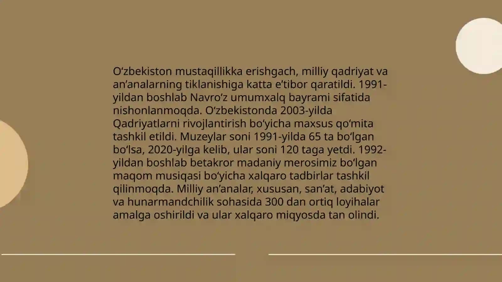 Mustaqillik yillarida O'zbekistondagi ma‘naviy va madaniy taraqqiyotning jadal o‘sishi Umbarova.S 4