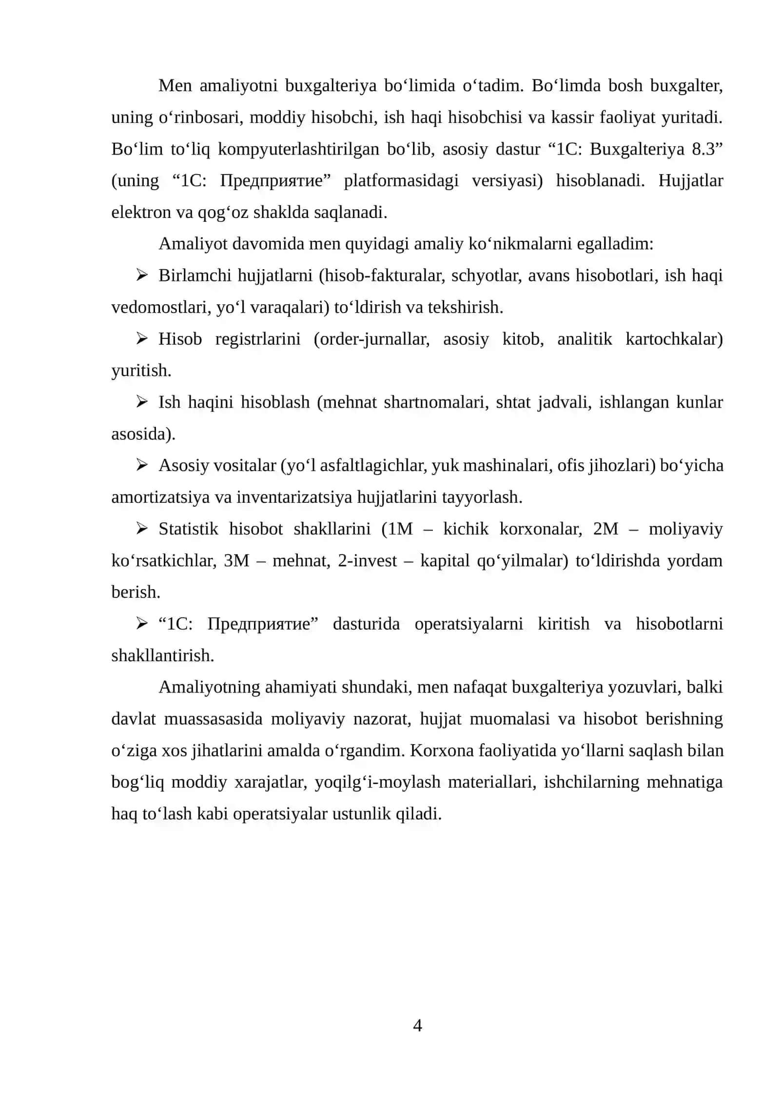 Bo‘stonliq tumani yo‘llardan foydalanish korxonasi davlat muassasasi 4