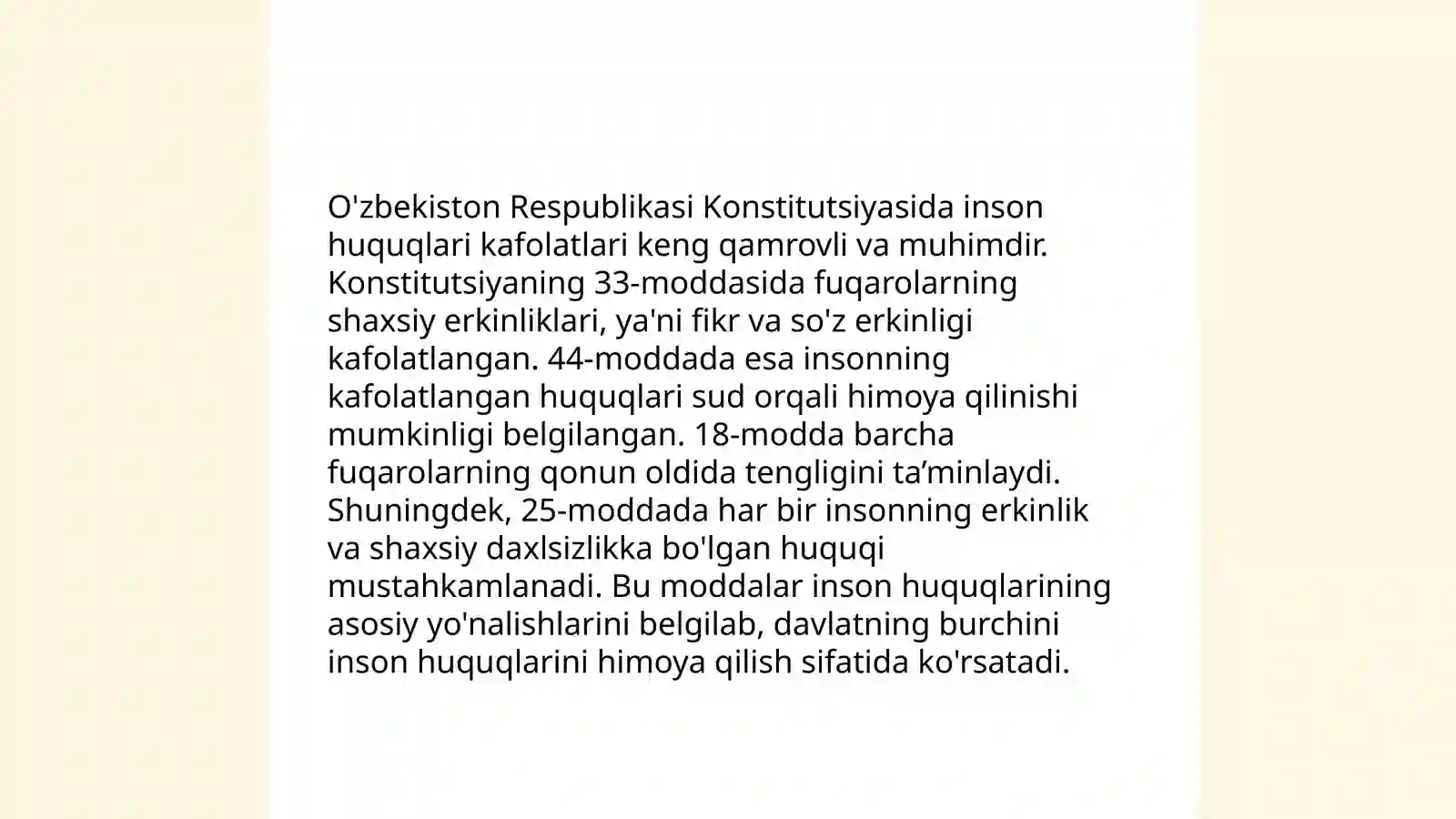 Yangi Oʻzbekistonda inson haq-huquqlari va erkinliklari kafolatlarining yaratilishi 4