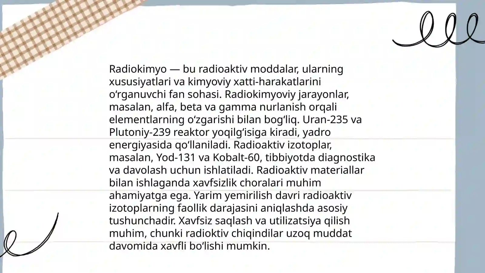 Aktinoidlar. Radiokimyo. Transuran elementlar. Tabiiy va sunʼiy radiofaollik. Yoqubjonova Madina 4