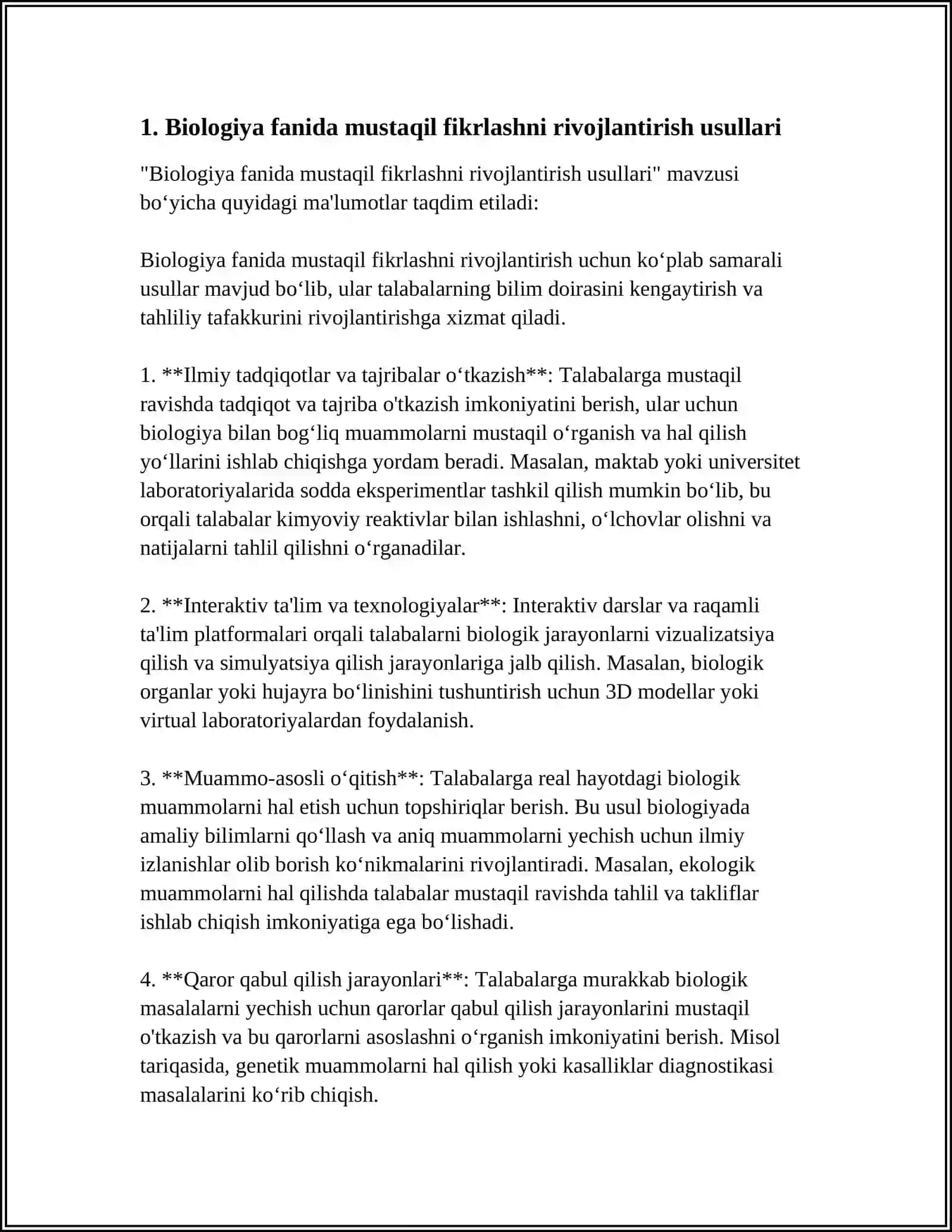 BIOLOGIYANI O’QITISHDA O’QUVCHILARNING MUSTAQIL VA IJODIY FIKR YURITISH KO’NIKMALARINI TARKIB TOPTIRISH YO’LLARI 4