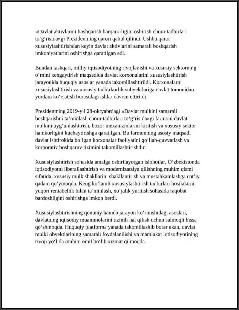 OʻZBEKISTONDA DAVLAT MULKINI XUSUSIYLASHTIRISH VA BOSHQARISH- IQTISODIYOTNI TARTIBGA SOLISH VOSITASI 4