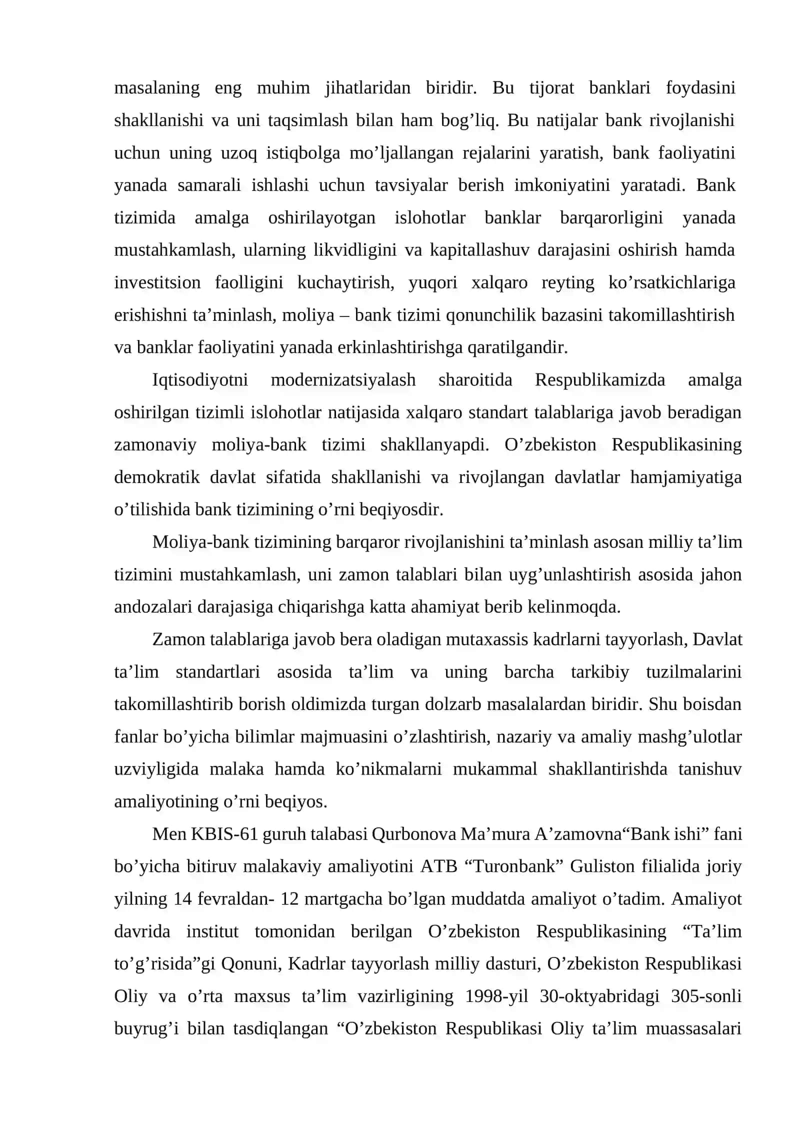 BANK ISHI BAKALAVRIAT TA’LIM YO’NALISHI BO’YICHA ISHLAB CHIQARISH AMALIYOTI 4
