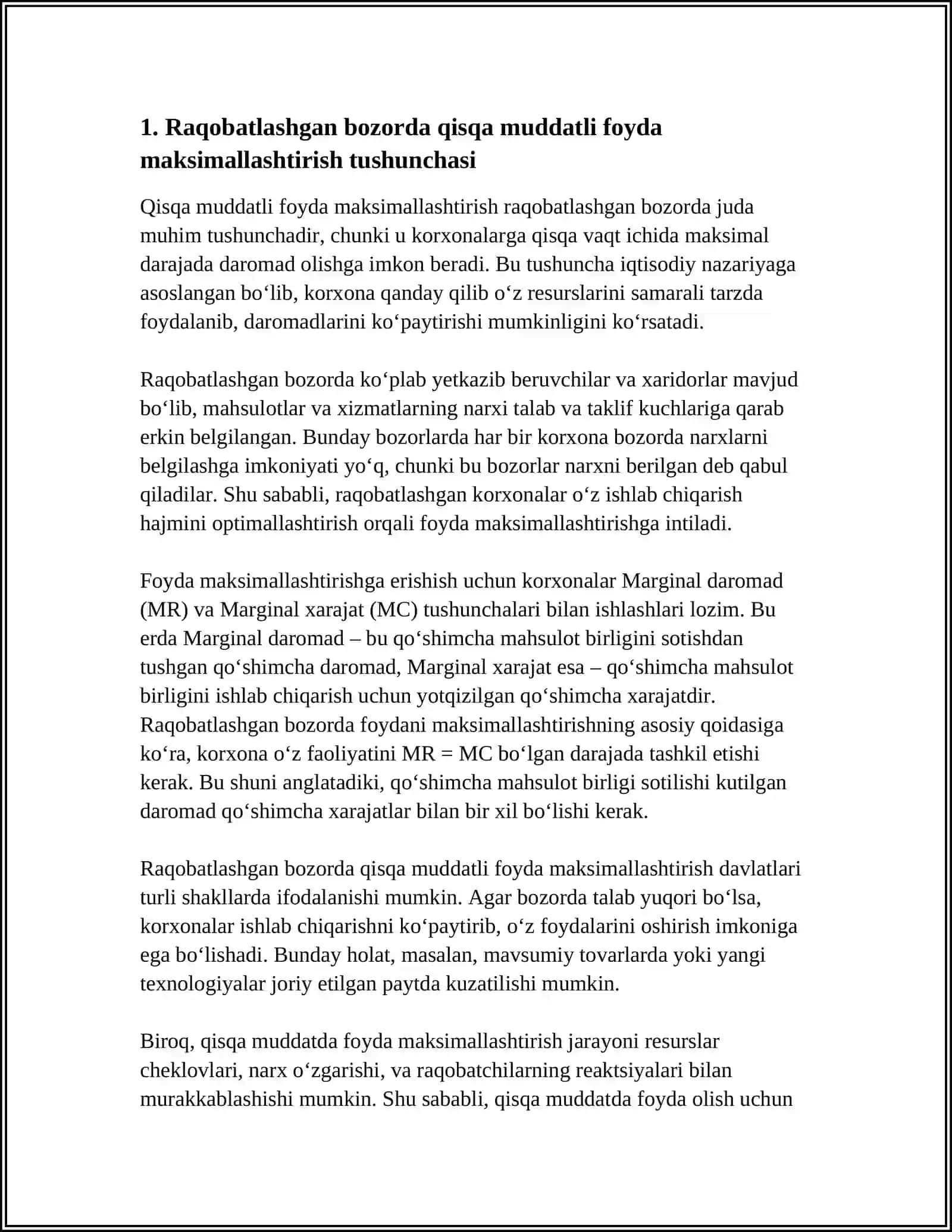 RAQOBATLASHGAN BOZORDA, QISQA MUDDATLI ORALIQDA FIRMA FOYDASINI MAKSIMALLASHTIRISH VA UNING TAKLIFI 4