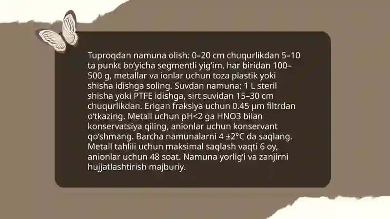 Tuproq va suvning ifloslanishi ion bogʻlanishi birikmalarini aniqlab ulardan tozalash usulini ishlab chiqarish 4