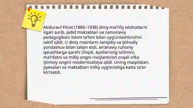 Jadid ma’rifatparvarlarining o‘lka ijtimoiy-ma’naviy hayotida tutgan o‘rni (Munavvar Qori, Fitrat, Behbudiy, Avloniy va boshq.). 4
