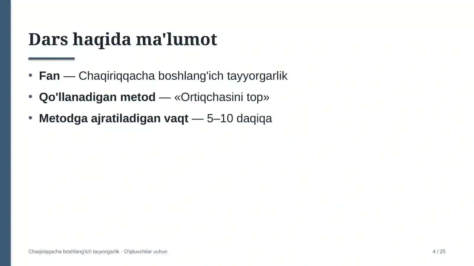 chaqiriqqacha boshlang'ich tayyorgarlik darslarida ortiqchasini top metodidan foydalanish 3922 4