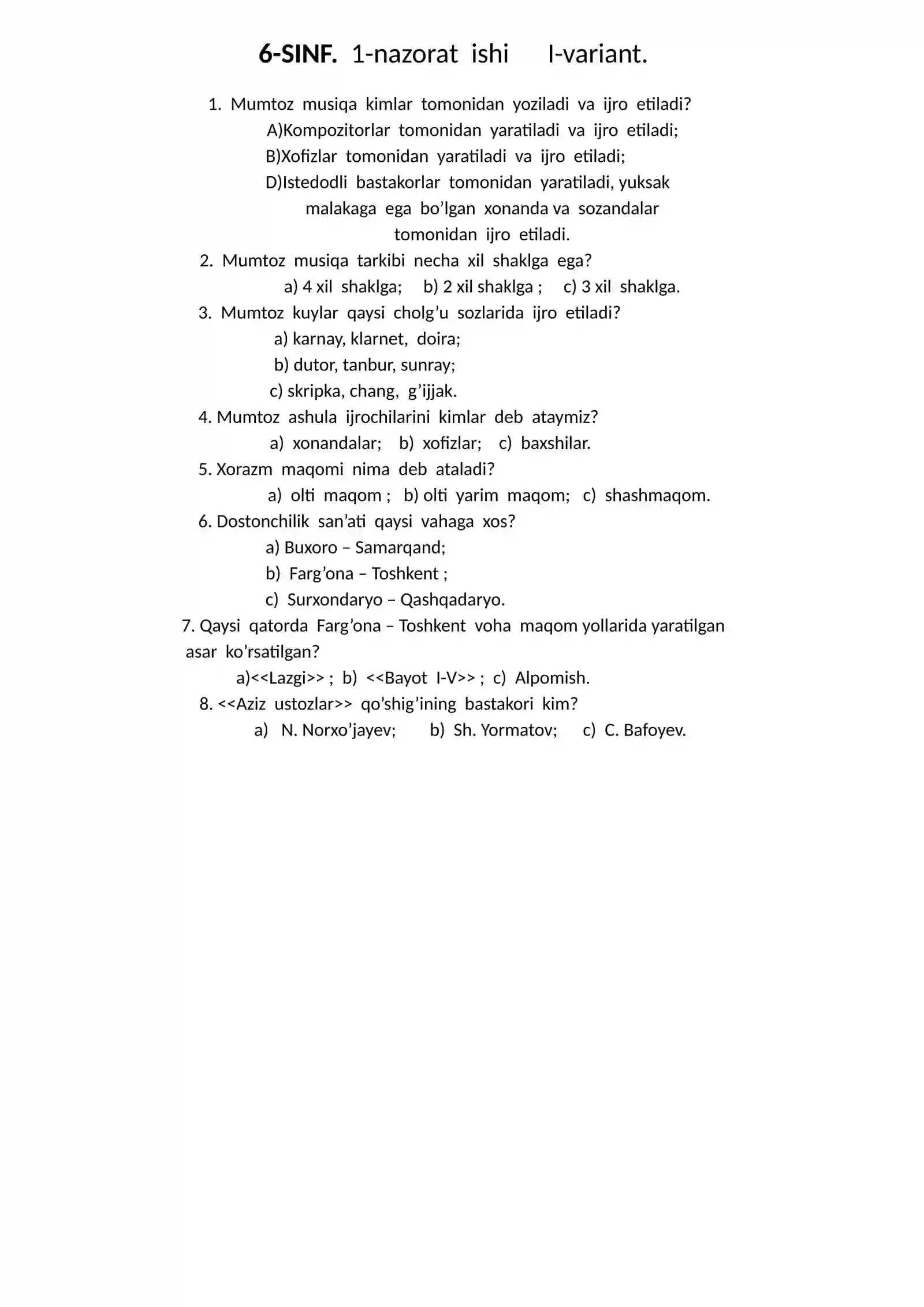 6-SINF. 3-nazorat ishi. 1-variant Test matni 4