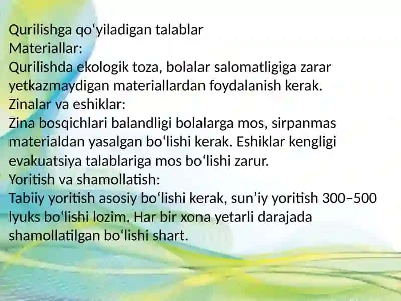 Bolalar muassasalarini lohiyalash, tashqurish va jihozga bólgan Gigenik talablar 4