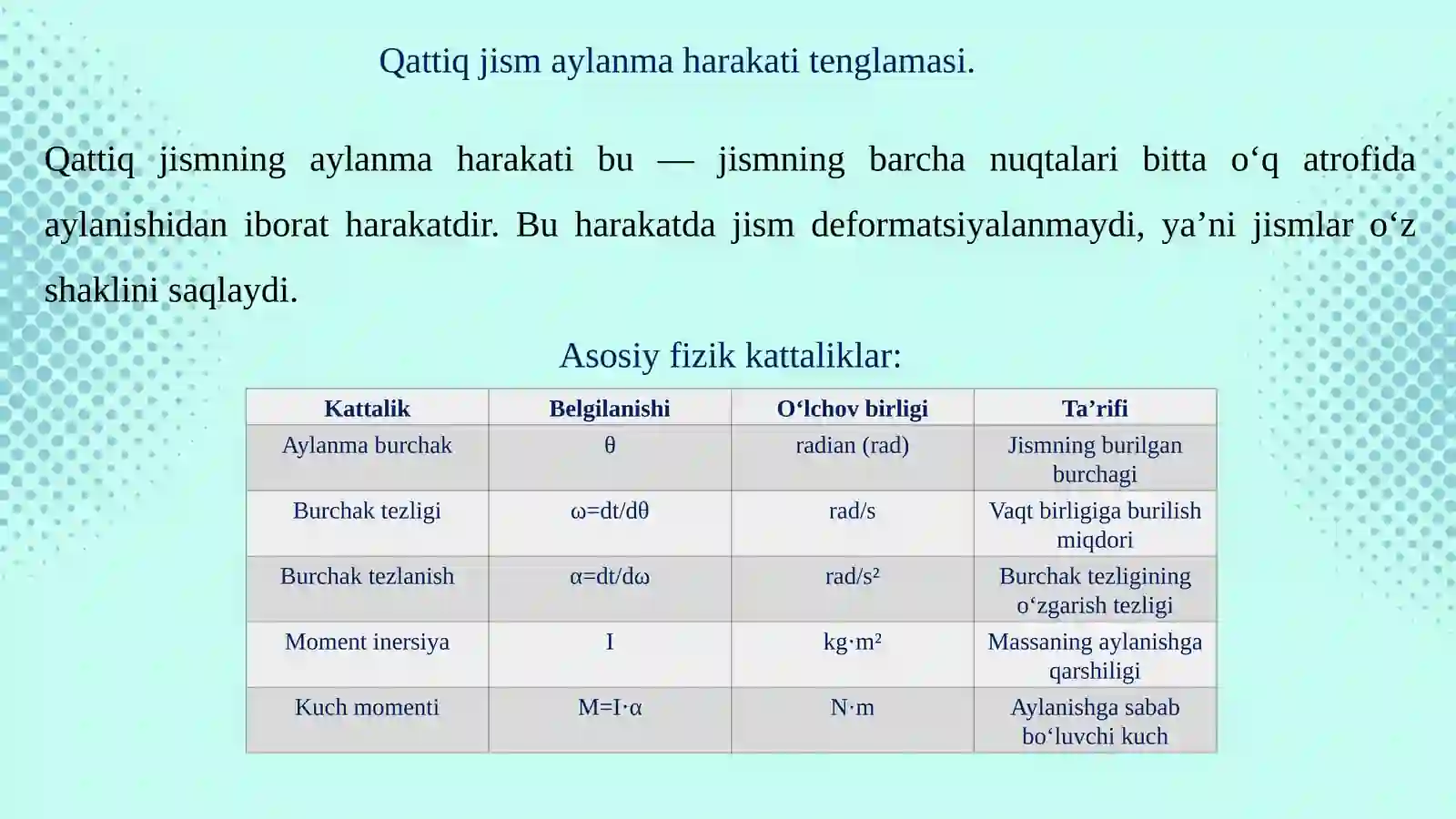 Qattiq jism aylanma harakati tenglamasi. Kuch momenti. Aylanish o’qiga nisbatan jismning impuls momenti 4