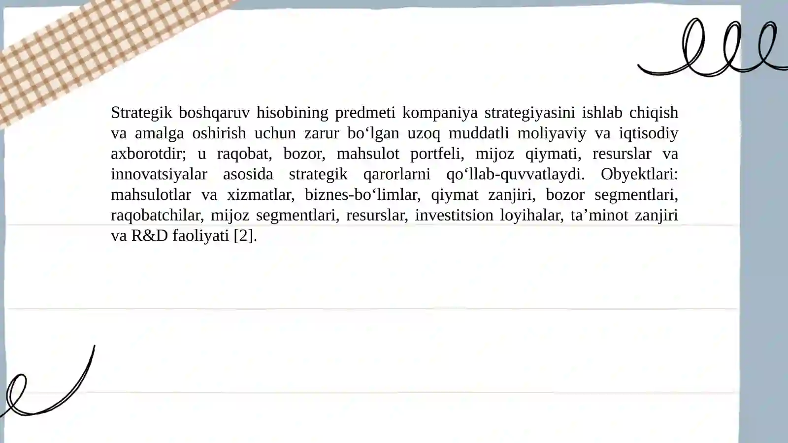 STRATEGIK BOSHQARUV HISOBINING MOHIYATI, PREDMETI VA VAZIFALARI 4