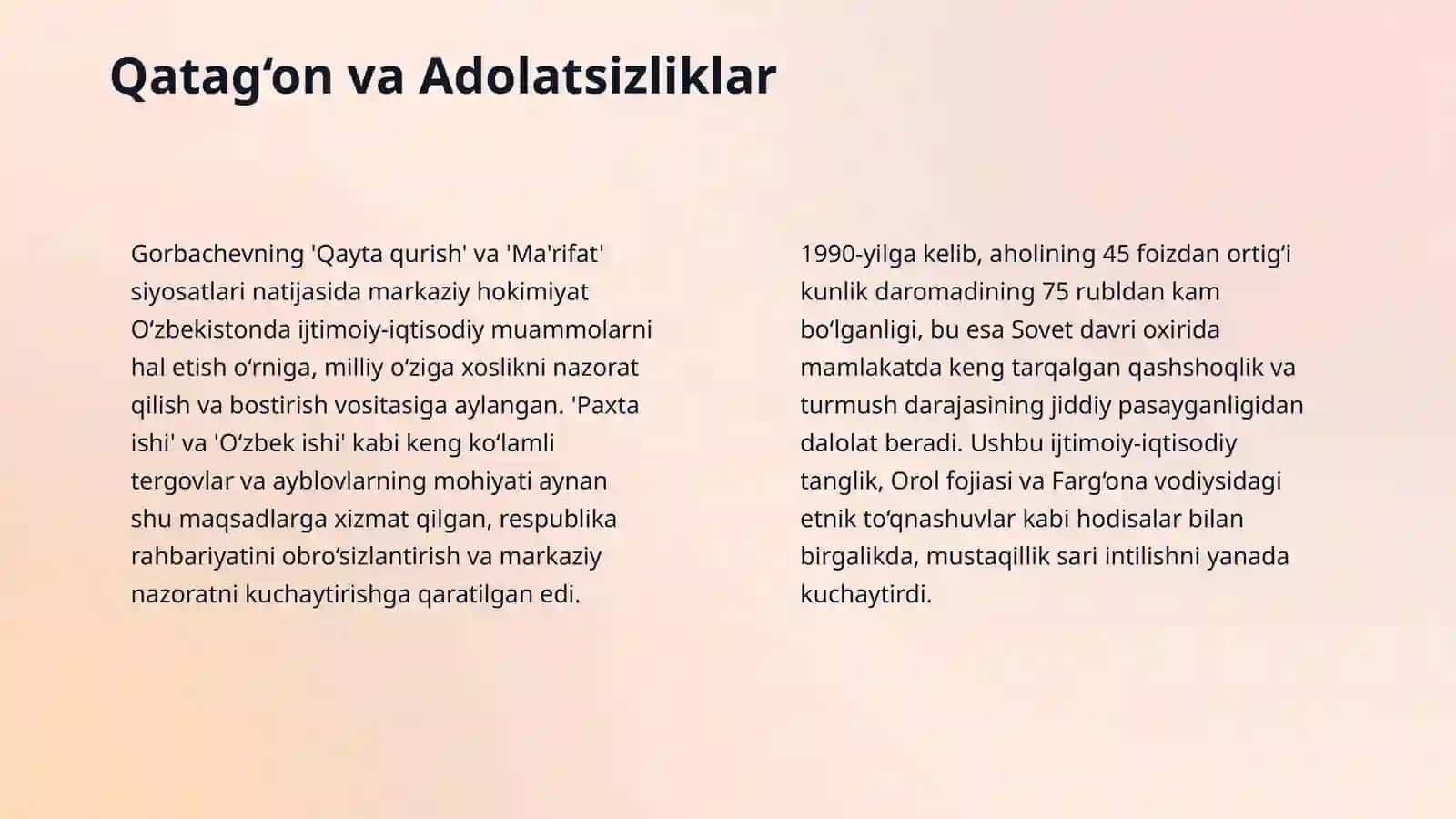 Mustaqil lo'zbekiston Respublikasini tashkil topishining tarixiy ahamiyati.O'zbekistonning o'ziga hos istiqlol va taraqqiyot yo'li 4