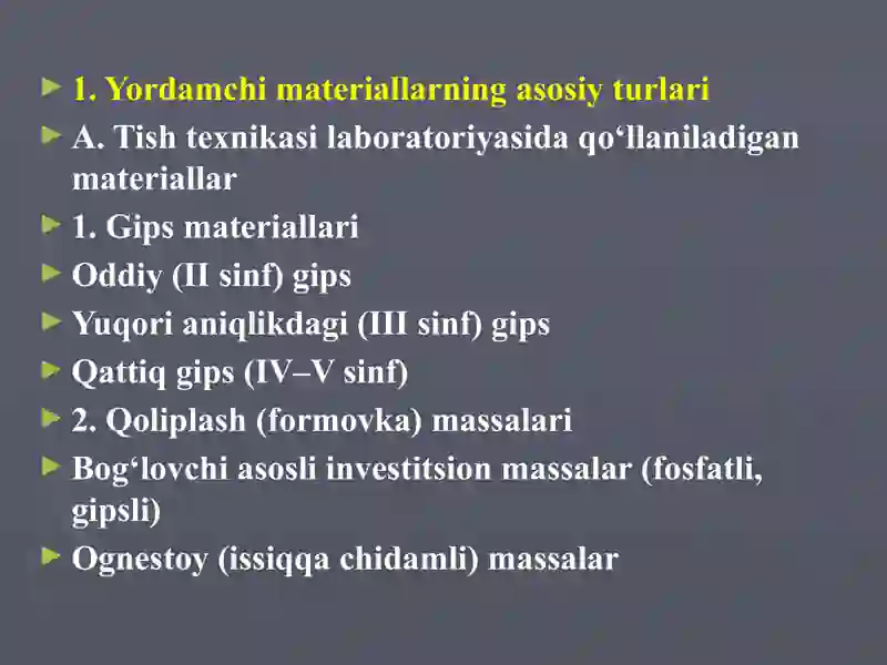 Tish texnikasi laboratoriyasi va klinikada qo‘llaniladigan yordamchi materiallar. 4