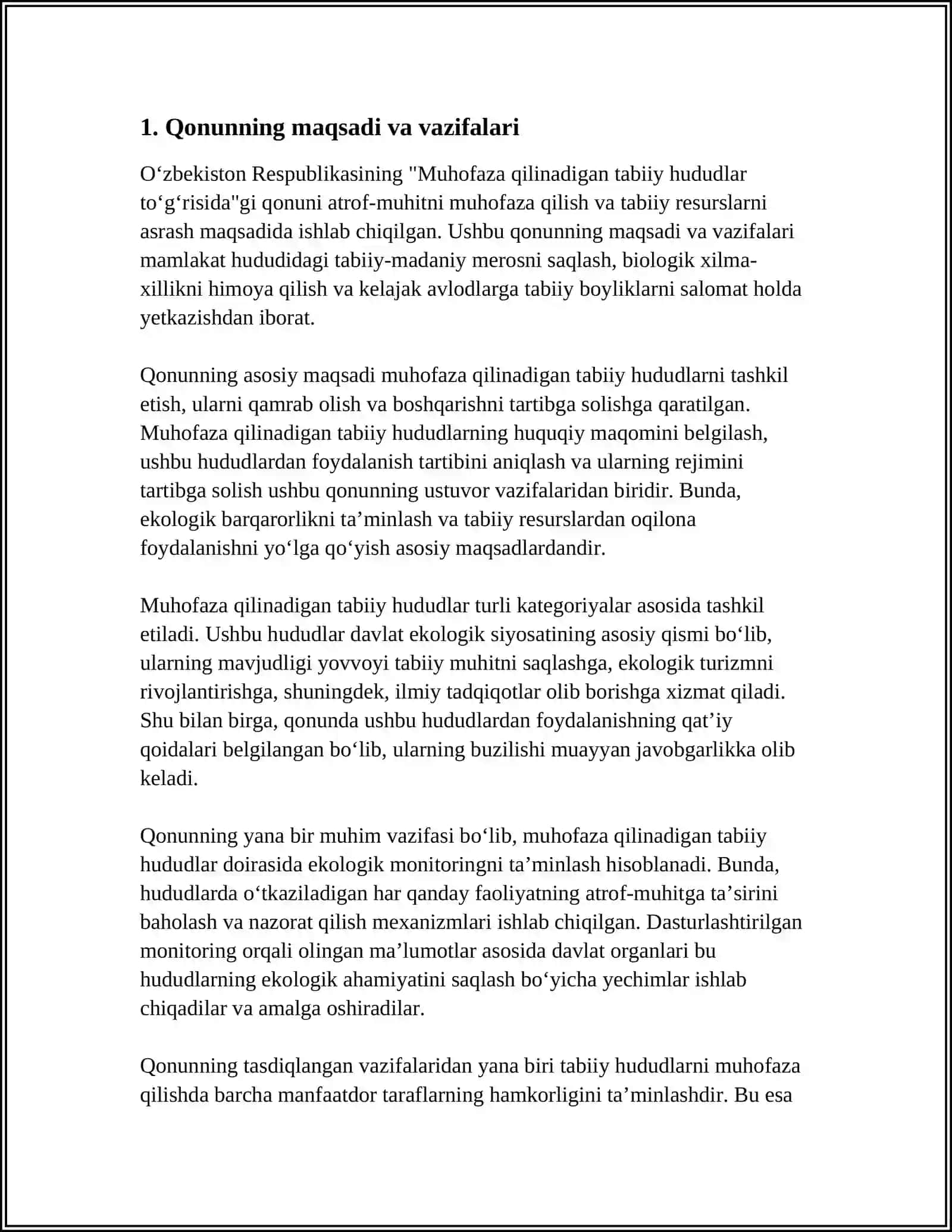 O‘zbekiston Respublikasi "Muhofaza Qilinadigan Tabiiy Hududlar To‘g‘risida"gi Qonun 4