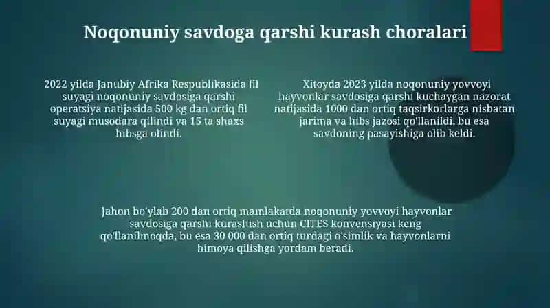 Tirik tabiat obyektlarining noqonuniy savdosi va uning bioxilma xiligini qisqartirishiga tasiri 4