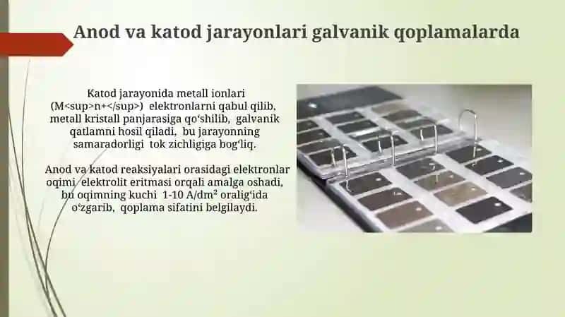 Metallar va qotishmalarning elektrokimyoviy ishlashi galvanik qoplama hosil qilish 4