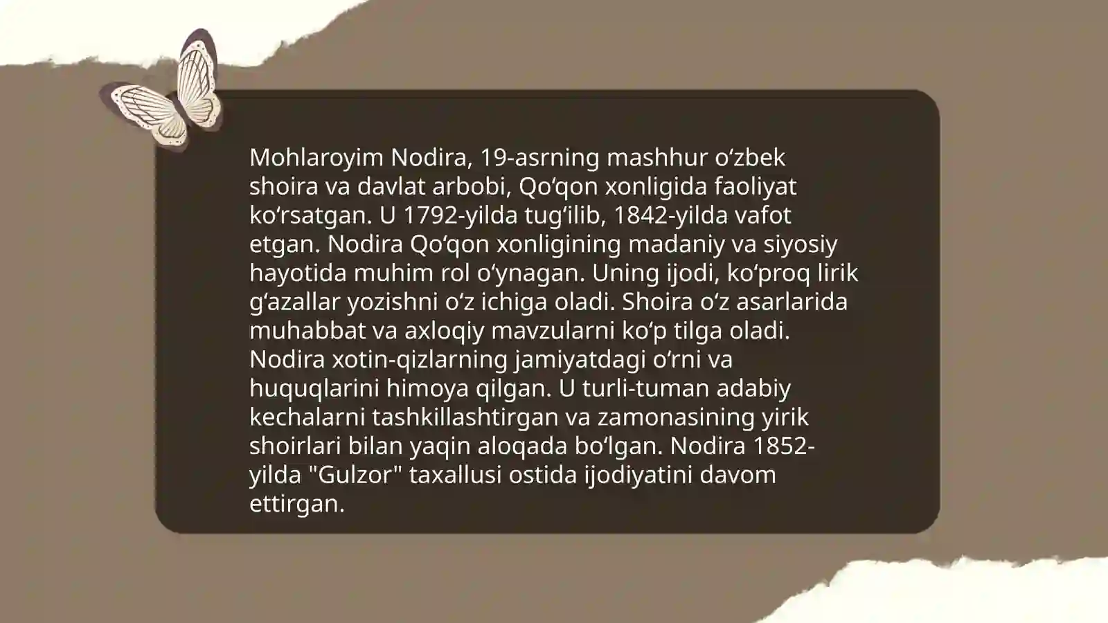 Johono Otin Uvaysiy va Mohlaroyim Nodira ijodiy merosi.Sheriyati.Uvaysiy Mohlaroyim Nodiraning ijodiy merosi.Sheriyati.Shoira sheʼriyatida ruhiyat tasviri va ishq talqini.Shoira lirikasida ayriliq- hijron motivlari 4