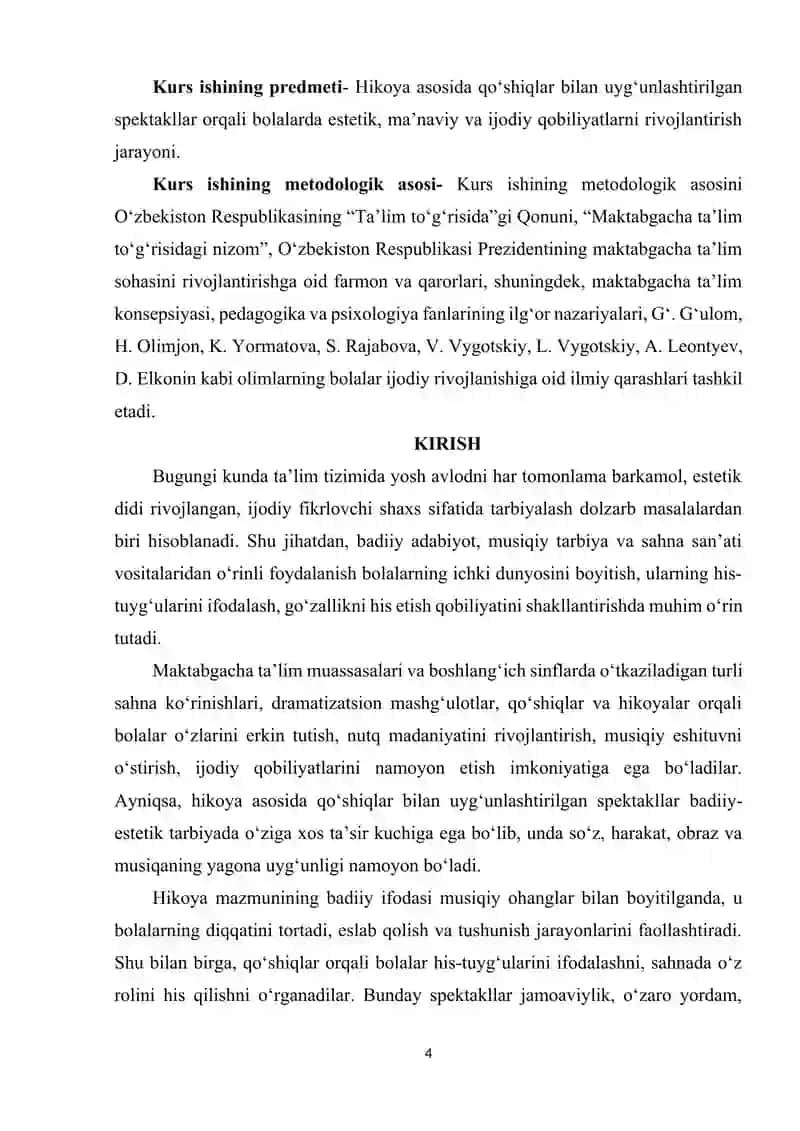 Hikoya asosida qo’shiqlar bilan uyg’unlashtirilgan spektakl. 4