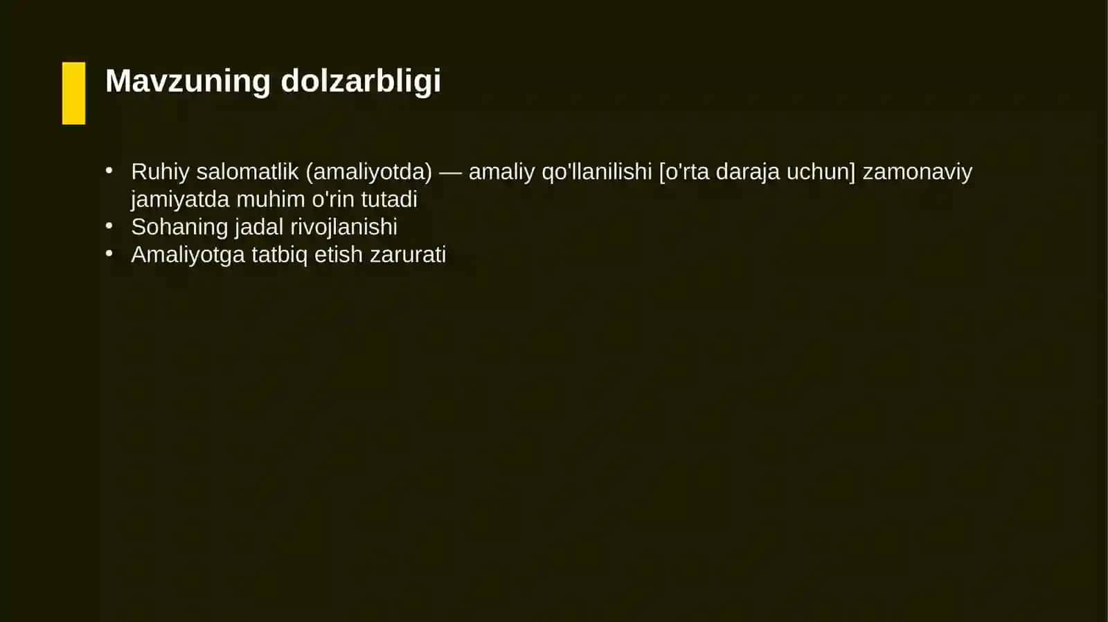Ruhiy salomatlik (amaliyotda) — amaliy qo'llanilishi [o'rta daraja uchun] 4
