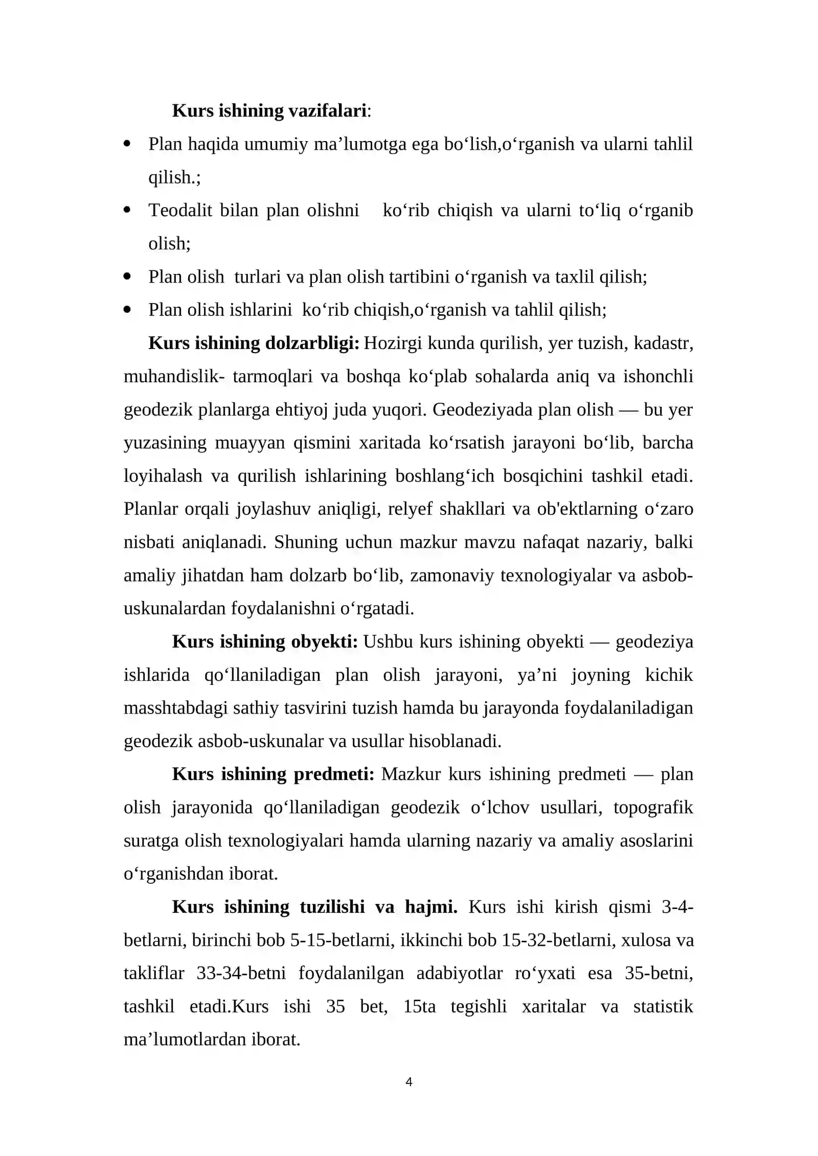 KURS ISHI: “Plan olish haqida tushuncha” 4