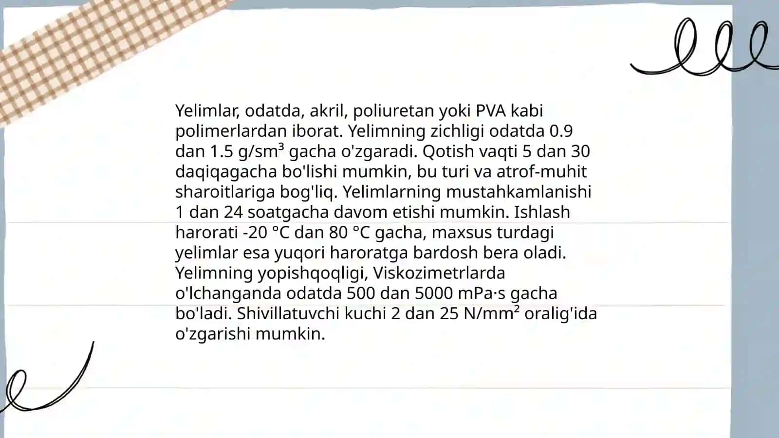 Yelim materiallar tugrisida tushuncha. Fizik va kimyoviy tasnifnomalari 4