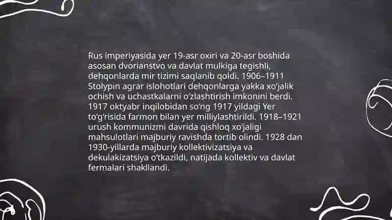 Rossiya imperiyasi va Sovet hukmronligi davrida oʻlkadagi ijtimoiy-iqtisodiy siyosiy va maʼnaviy jarayonlar 4