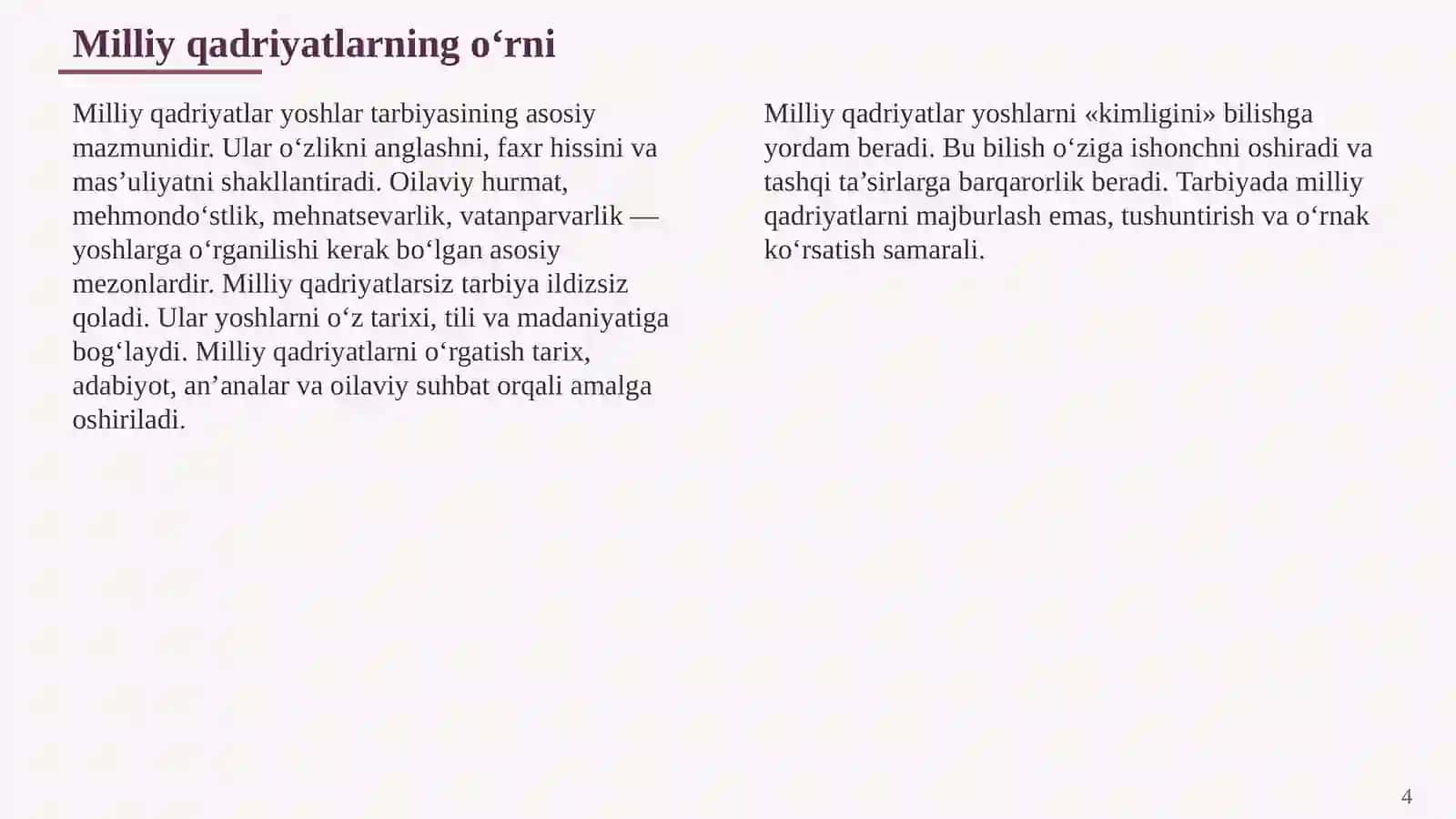 YOSHLAR TARBIYASIDA MILLIY VA UMUMINSONIY QADRIYATLARNING O‘RNI 4