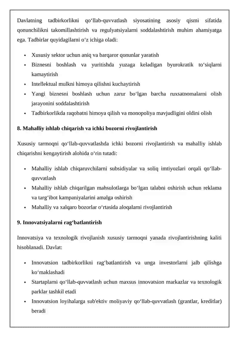 Davlatning iqtisodiyotda xususiy tarmoq va tadbirkorlikni qo‘llab-quvvatlash siyosati 4