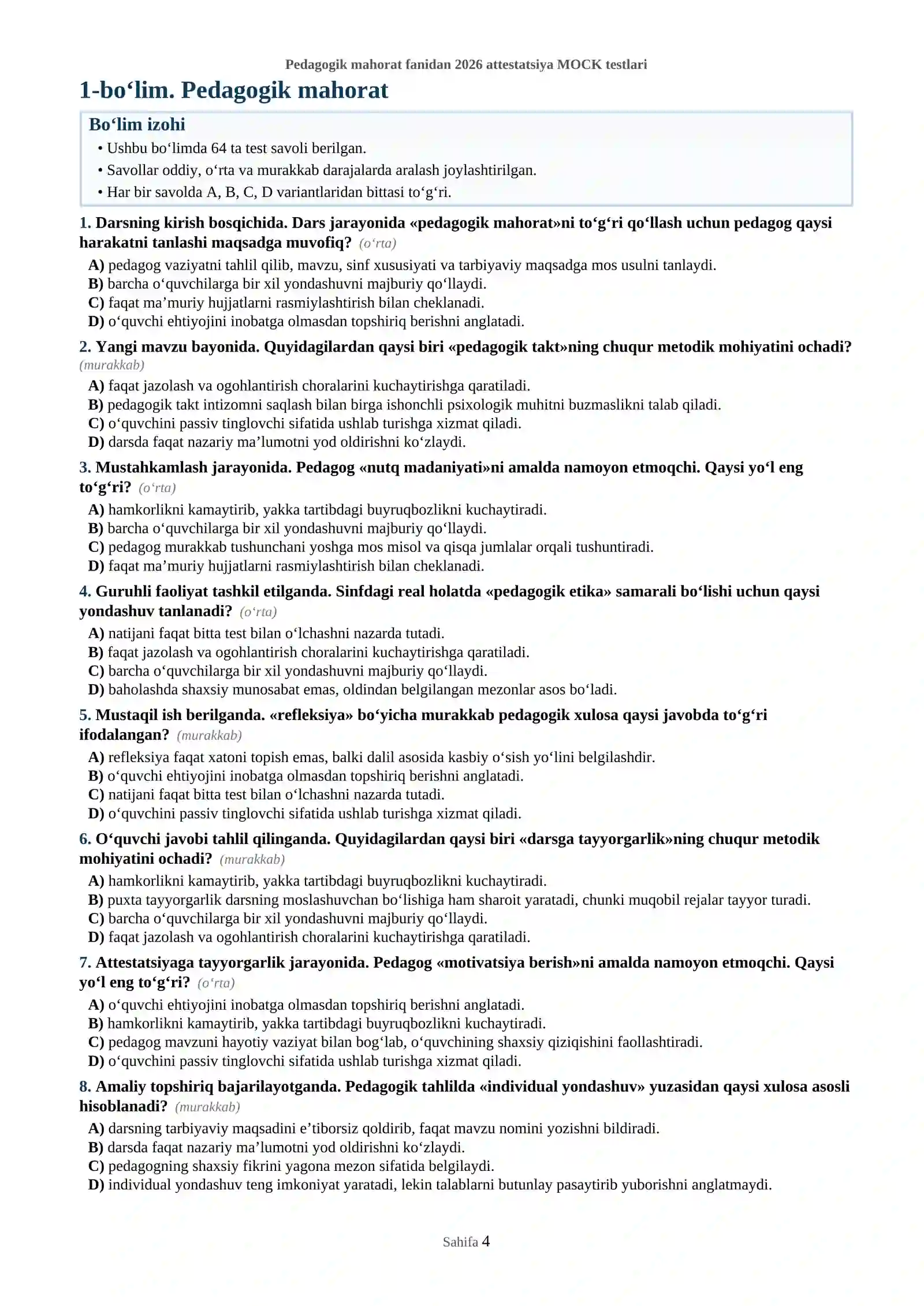 Pedagogik mahorat fanidan 2026 attestatsiya MOCK testlari 4
