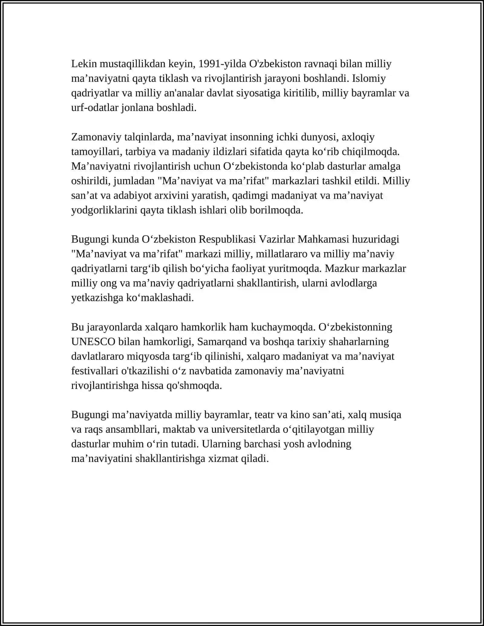 MA’NAVIY HAYOTDAGI O‘ZGARISHLAR, MADANIY TARAQQIYOT MUAMMOLARI 4