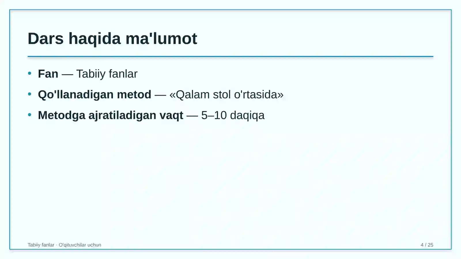 tabiiy fanlar darslarida qalam stol o'rtasida metodidan foydalanish 9319 4