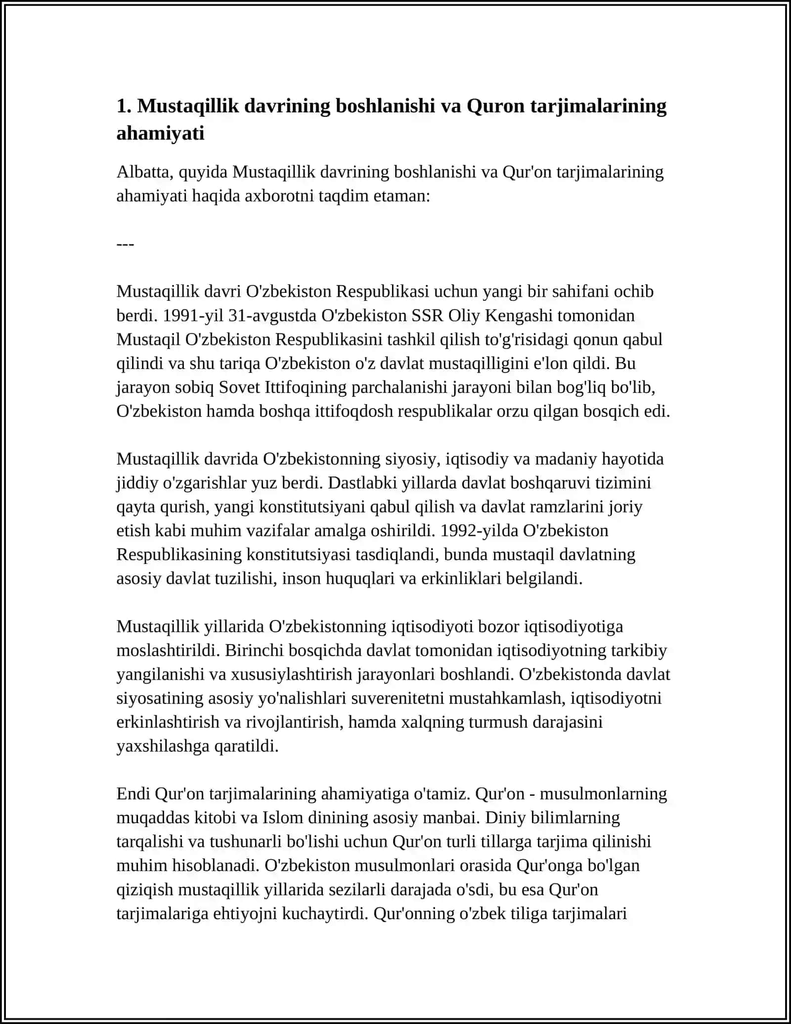 MUSTAQILLIK YILLARIDA QURONNING O'ZBEK TILIGA TARJIMA QILINISHI VA TAFSIFLARI 4