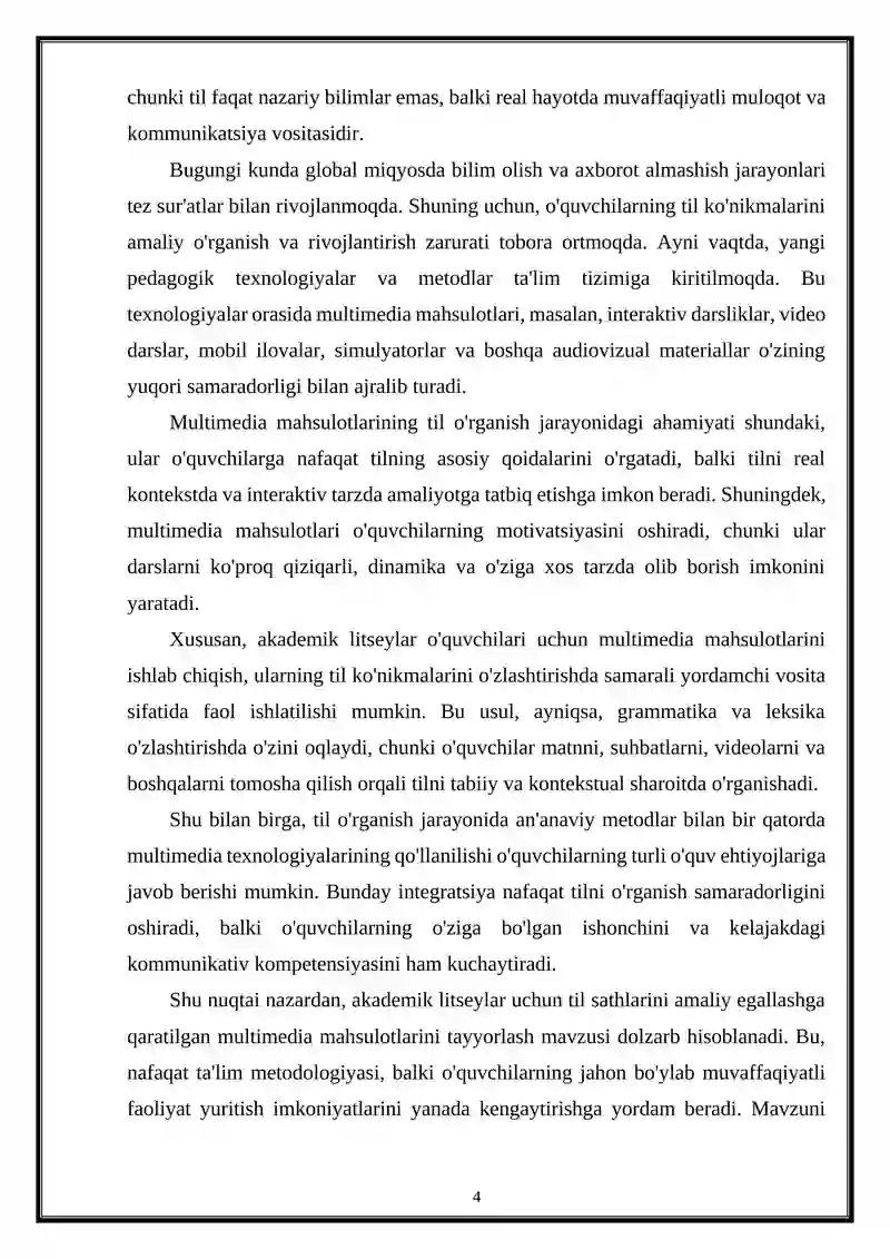 "AKADEMIK LITSEYLAR UCHUN TIL SATHLARINI AMALIY EGALLASHGA QARATILGAN MULTIMEDIA MAHSULOTLARNI TAYYORLASH" 4