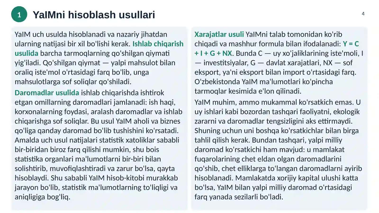 O'zbekiston iqtisodiyotida yalpi ichki mahsulot (YaIM) dinamikasi, tarkibi va o'sish omillari 4