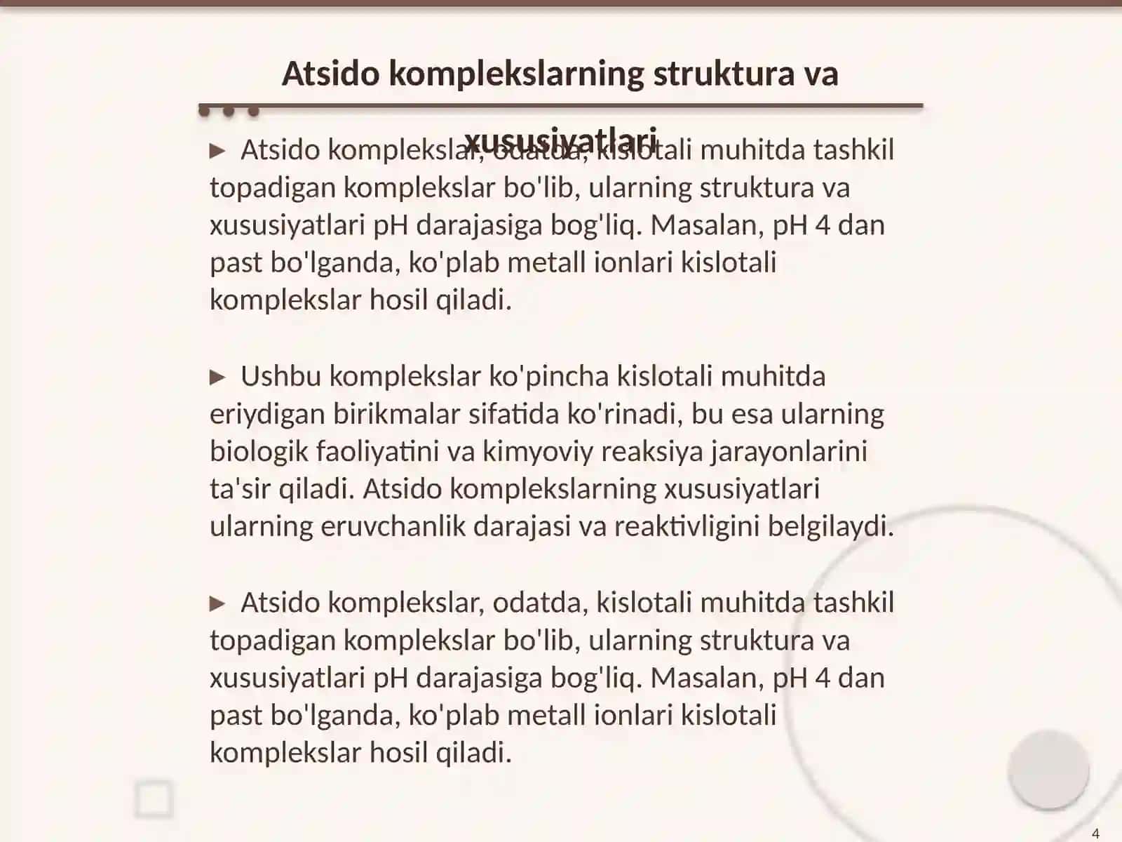 Akva va atsido komplekslarning hossalari 4