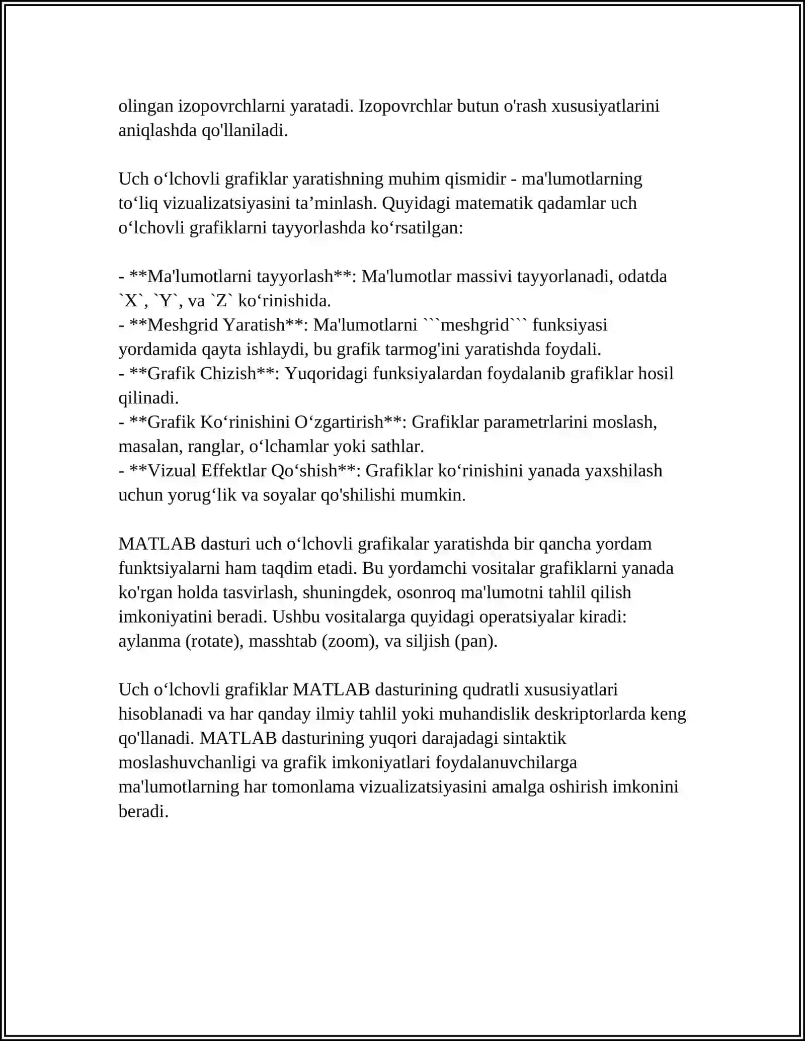 MATLAB QURILISH MASALALARIGA DOIR UCH OʻLCHOVLI GRAFIGLAR TUZISH 4