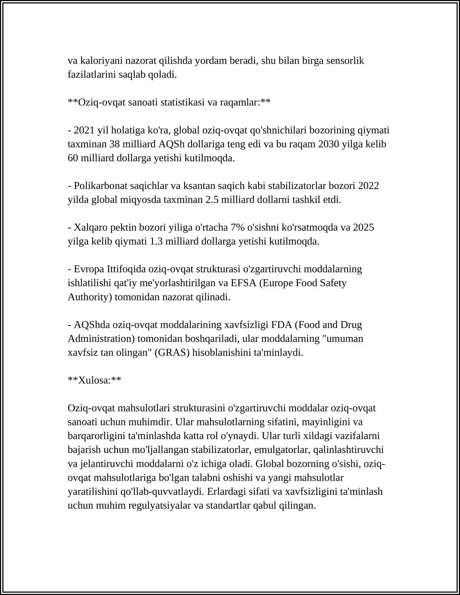 OZIQ OVQAT MAHSULOTLARINI STRUKTURASINI VA FIZIK KIMYOVIY KO'RSATGICHLARNI O'ZGARTIRUVCHI MODDALAR 4