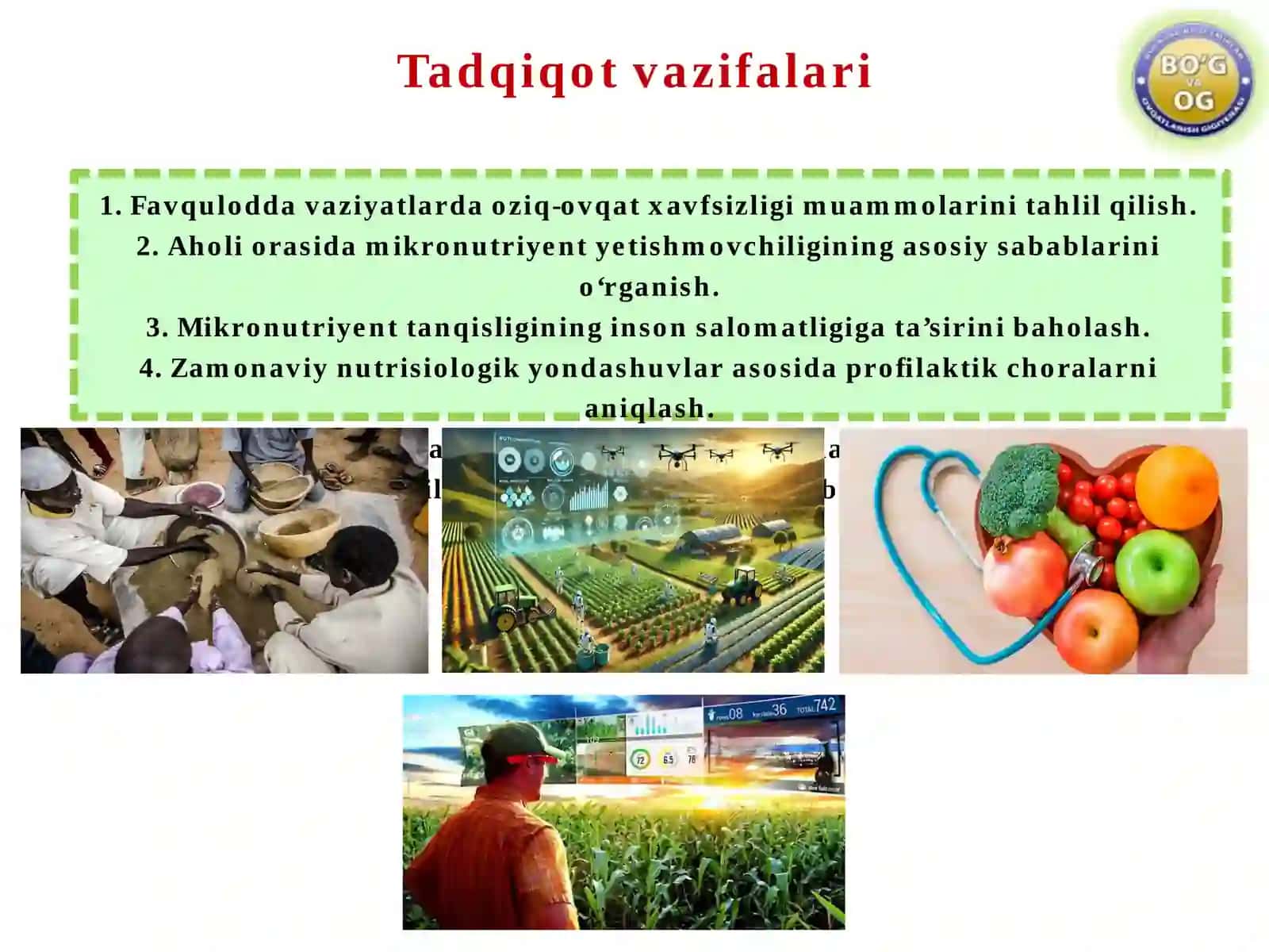 FAVQULODDA VAZIYATLARDA OZIQ-OVQAT XAVFSIZLIGI VA MIKRONUTRIYENT YETISHMOVCHILIGINING OLDINI OLISH: BARQAROR SOG‘LIQNI SAQLASH TIZIMIDA ZAMONAVIY NUTRITSIOLOGIK YONDASHUV 4