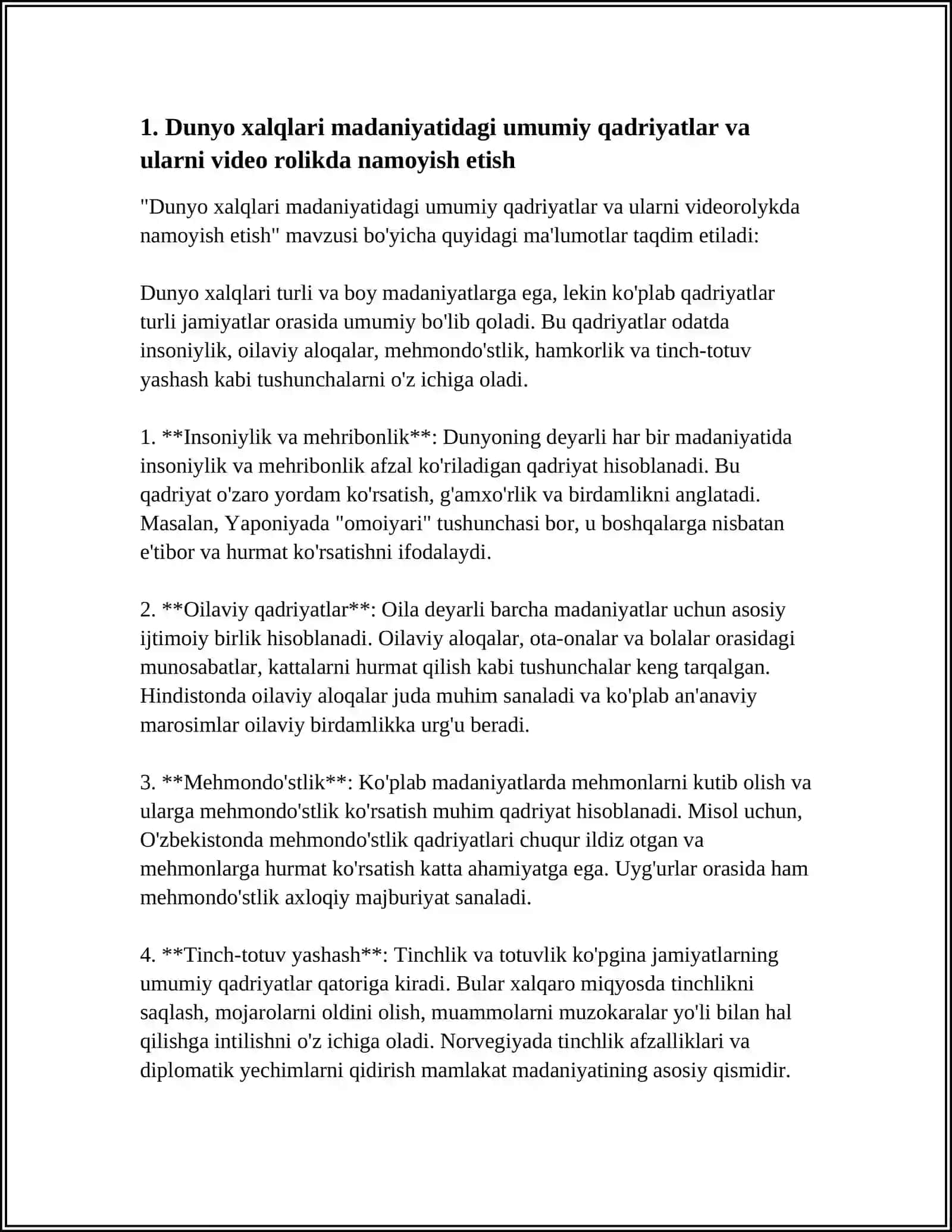 DUNYO XALQLARI MADANIYATIDAGI UMUMIYLIK VA FARQLAR. MAVZUSIDA VIDEO ROLIK TAYORLASH 4