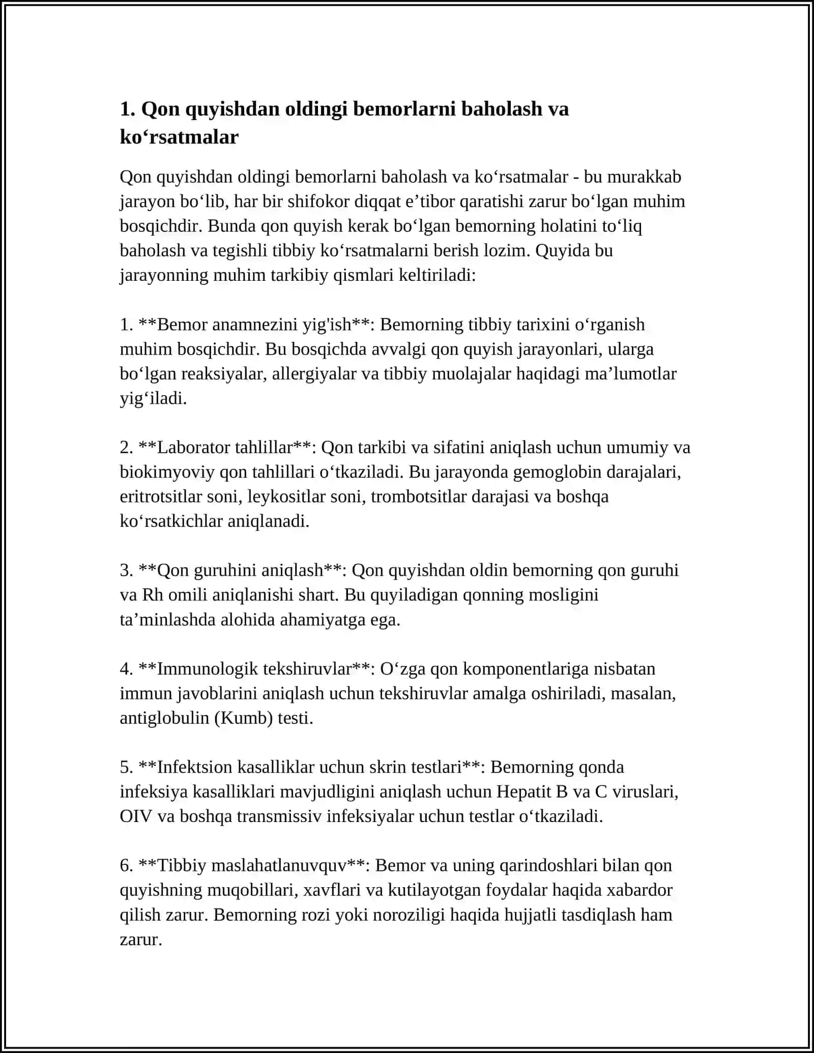 QON QUYISH BOʻYICHA SHIFOKORNING MAJBURIYATLARI. MUVOFIQ TESTLARI 4