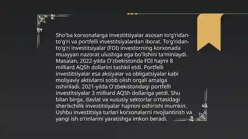 Sho'ba korxonalarda investitsiyalarni baholash usullari 4