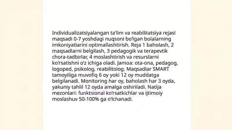 Erta maktabgacha yoshdagi rivojlanishida nuqsoni bólgan bolalarni tarbiyalash va óqitishning asosiy yónalishlarini tavsiflash 4