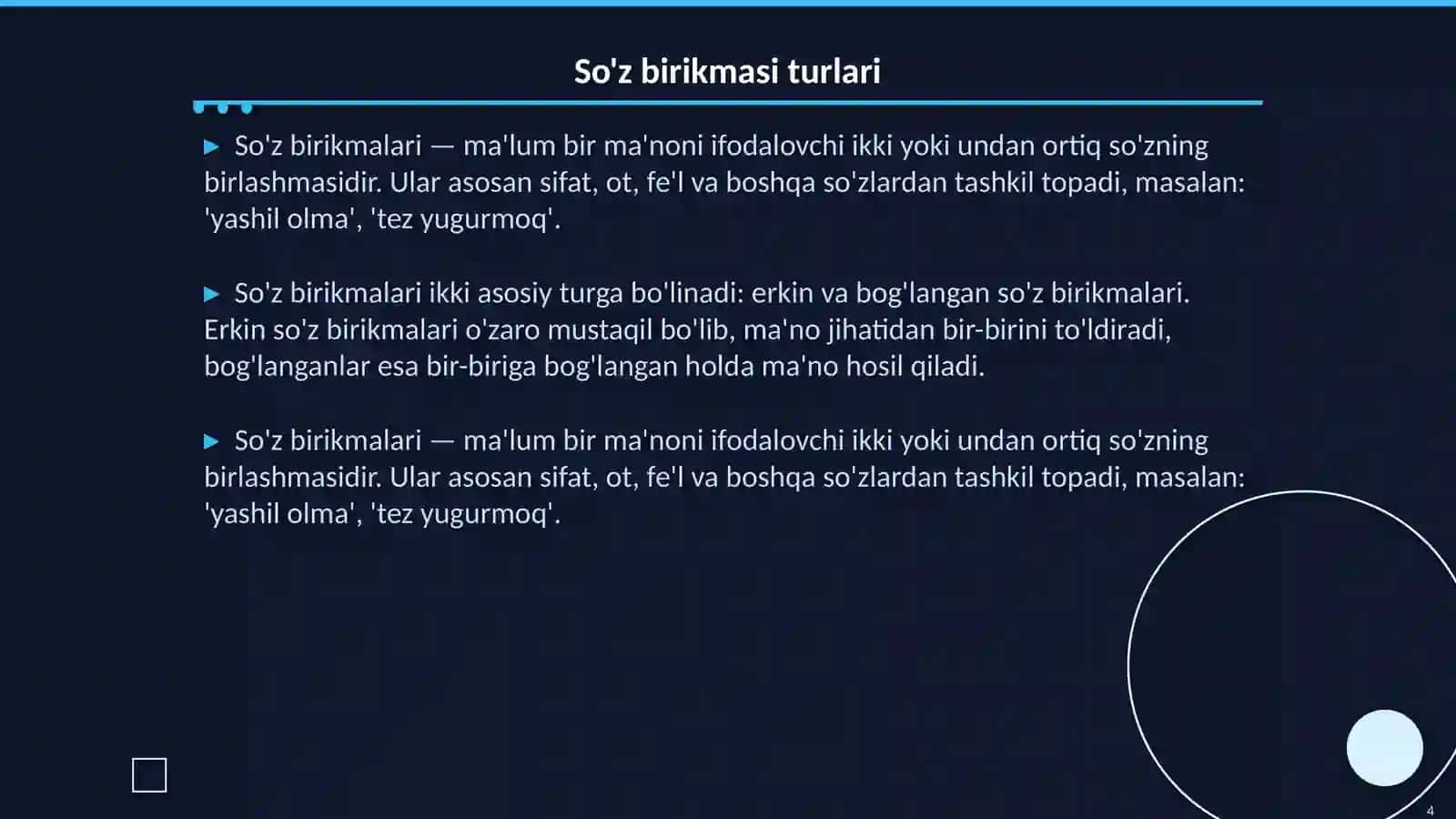 Sintaksis haqda umumiy ma'lumot. So'z birikmasi, gap va gap bo'laklari. Gapda so'zlarning o'zaro bog'lanishi. So'z birikmasi va uning turlari 4