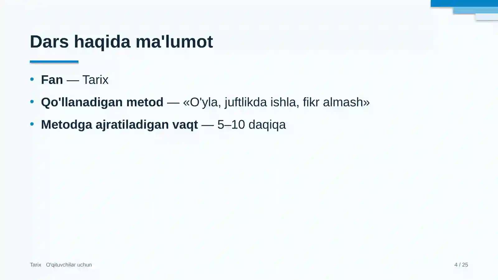 tarix darslarida o'yla juftlikda ishla fikr almash metodidan foydalanish 9776 4