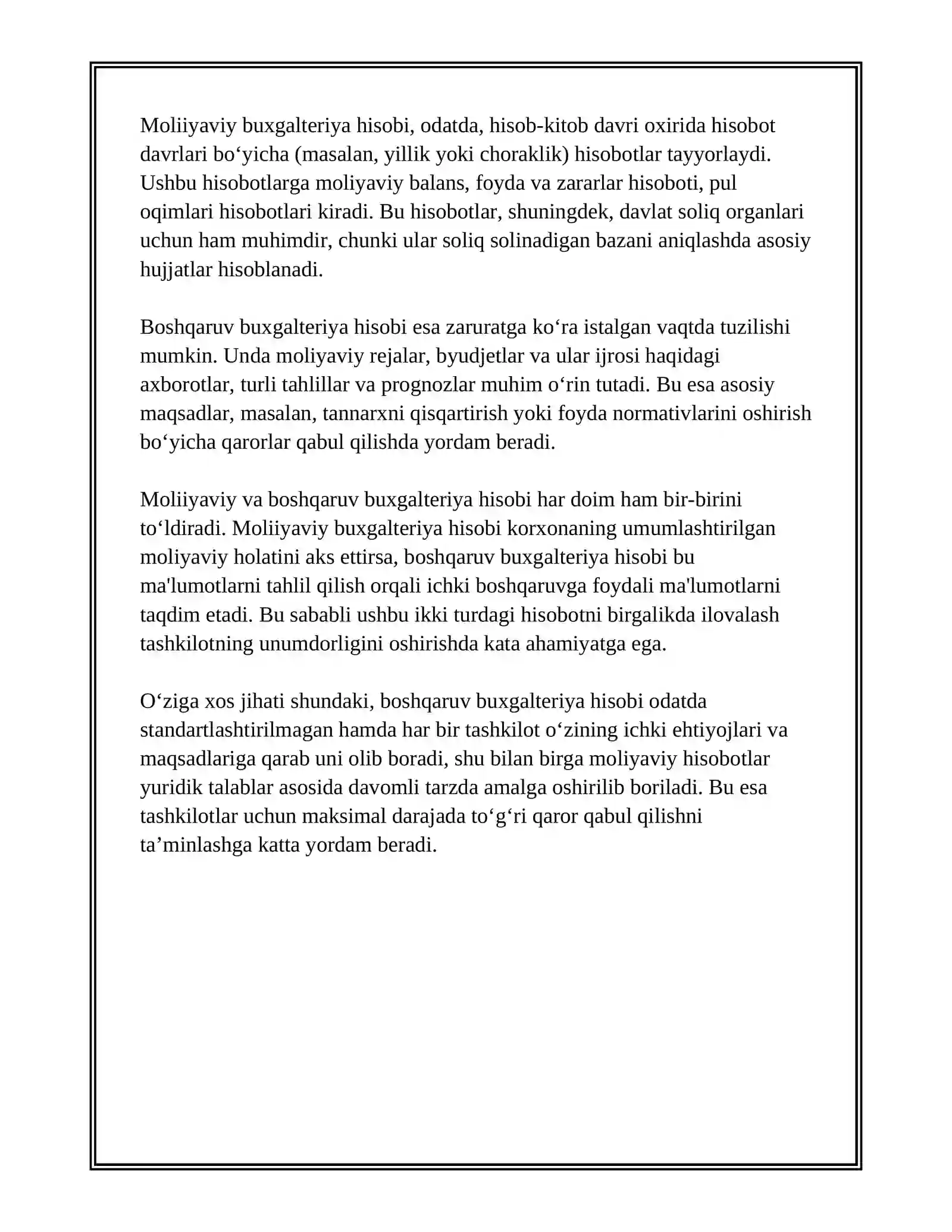 MOLIYAVIY BUXGALTERIYA HISOBI, BOSHQARUV HISOBI VA TANNARX BUXGALTERIYA HISOBI MOHIYATI, BOG‘LIQLIGI VA FARQLI JIHATLARI 4
