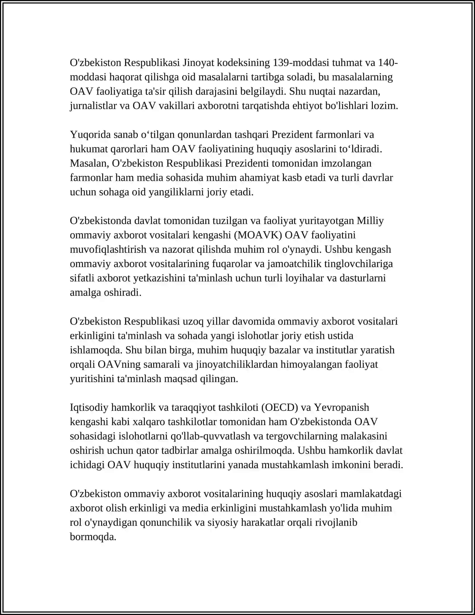 O'zbekiston Respublikasida Ommaviy Axborot Vositalarining Faoliyati 4