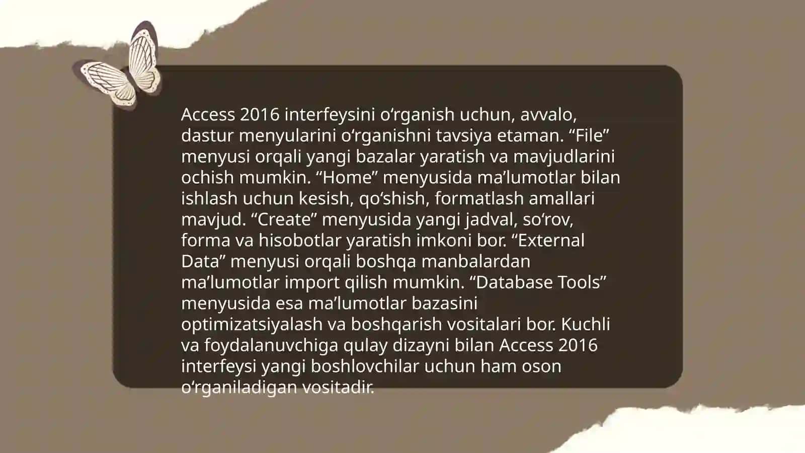 Access 2016 Malumotlarni bazasini boshqarish tizimlaridan foydalanib sohaga oid ma‘lumotlar bazalarini tuzish va ulardan foydalanish 4
