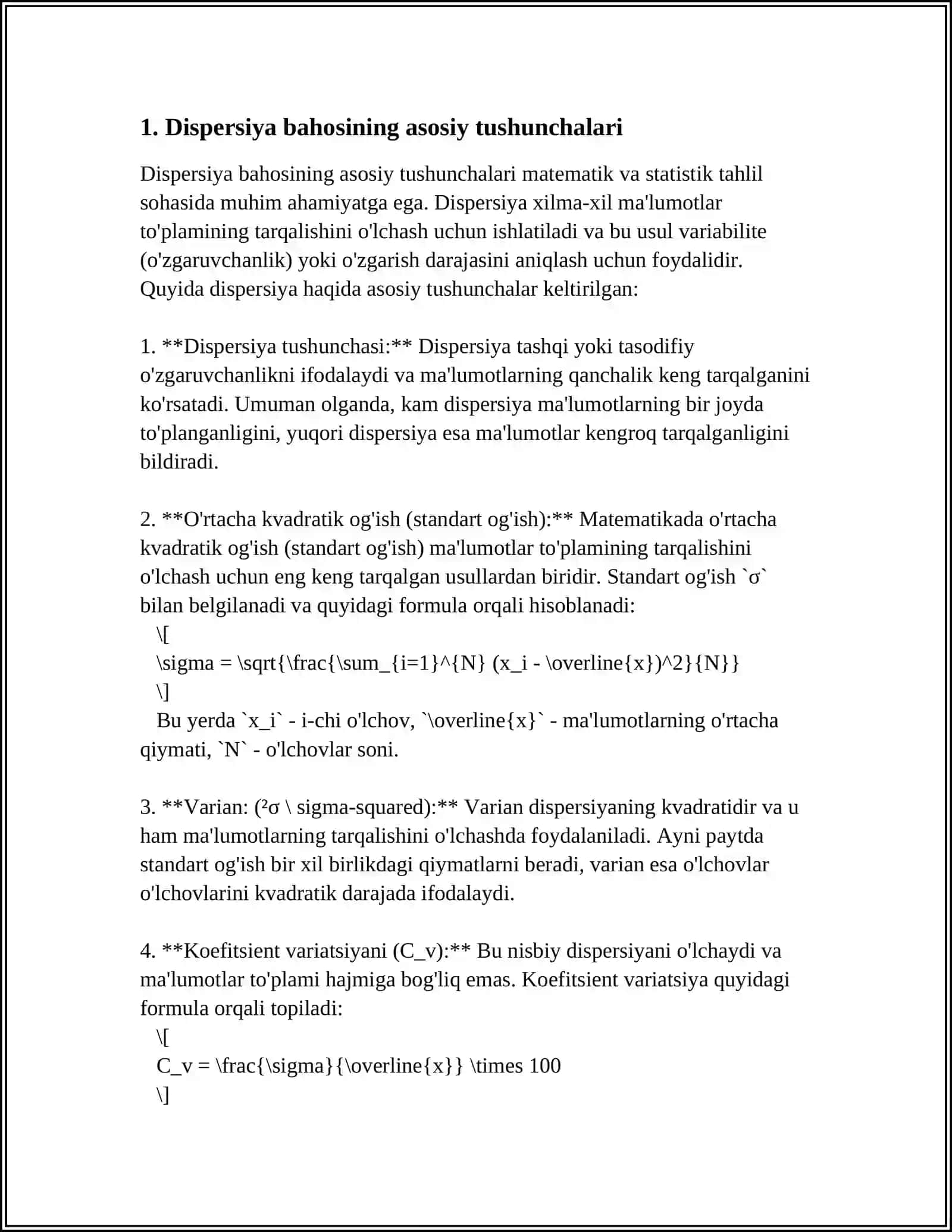 DISPRETSIYA BAHOSINING XOSSALARI.TANLANMANING TOʻGʻIRLANGAN STATISTIK BAHOLAR QARASH USLUBLARI ISHONCHSIZLIK INTERVIYALAR 4